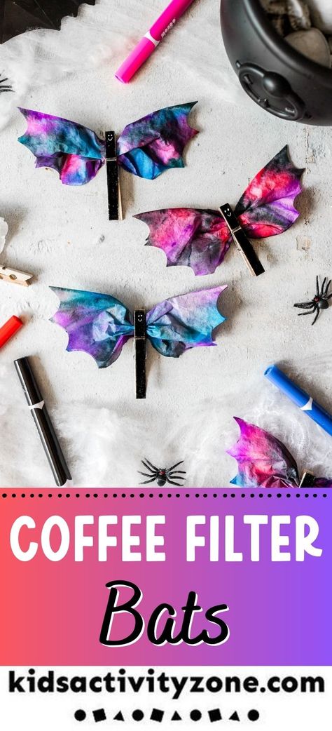 Adorable and simple, crafting your own Coffee Filter Bats is an enjoyable Halloween activity for children! With their dark and eerie charm, these bats are both captivating and delightful to showcase. Choose your preferred colors to give each bat a distinct touch. What makes it even better is that they also serve as a science experiment, teaching kids about color blending and mixing as they watch the colors bleed and merge together. Clothespin Coffee Filter Bats, Bat Coffee Filter Craft, Coffee Filter Bats, Bat Crafts For Kids, Bat Activities, Diy Coffee Filter, Craft For Halloween, Spooky Crafts, Candy Corn Crafts