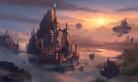 Castle in the sky, MEMESU . on ArtStation at… Orc Architecture, Flying City, Décor Steampunk, Fantasy Houses, Dragon Flies, City Sky, Castle In The Sky, Fantasy City, Fantasy Castle