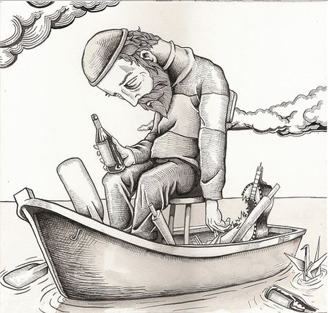 What Do You Do With A Drunken Sailor?  A commissioned piece measuring 12 1/4" x 11 3/4". Graphite and ink on board.  While this fellow is in a boat, this piece is not a part of the "Adrift" piece.    In a private collection Drunken Sailor Art, Drunken Sailor, Story Ideas, On Board, Writing Prompts, Painting Ideas, Crayon, Tin, Male Sketch