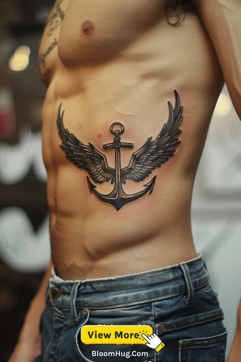 A ribcage tattoo of an anchor with outspread wings, symbolizing resilience and freedom. Anchor Tattoo For Men, Tattoo For Men Ideas, Ribcage Tattoo, Anchor Tattoos, Anchor Tattoo, Powerful Art, The Anchor, Personal Journey, Rib Cage