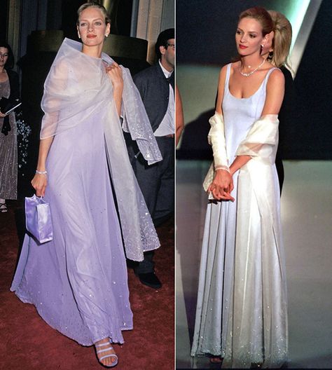 Oscars · UMA THURMAN, 1995 - lilac Prada gown. Prada Gown, Prada Dress, Uma Thurman, Vintage Gowns, Purple Hues, Formal Gowns, Blue Dress, Formal Wear, Piece Of Clothing