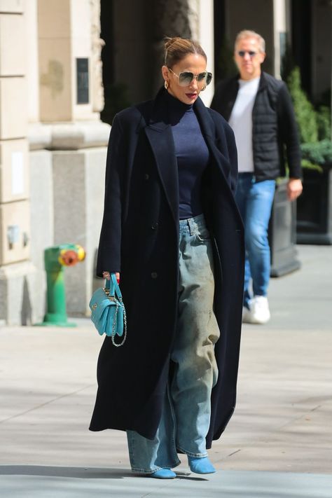 J.Lo Just Made a Case for the Controversial “Dirty Denim” Trend J Lo Outfits, Jlo Street Style, J Lo Style, All Blue Outfit, J Lo Fashion, Streets Of New York, Latest Celebrity News, Denim Trends, Blue Outfit