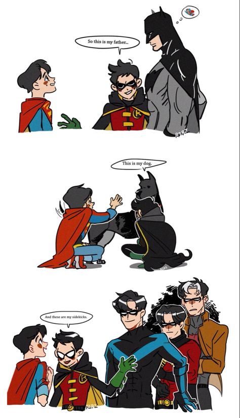 Bat Family And Super Family, All Robins Bat Family, Jondami Fanart Comic, The Bat Family Art, Tall Male Character Design, Damian Wayne Fanart Bat Family, Wayne Family Fanart, Bat Family Fanart Robins, Super Sons Fanart