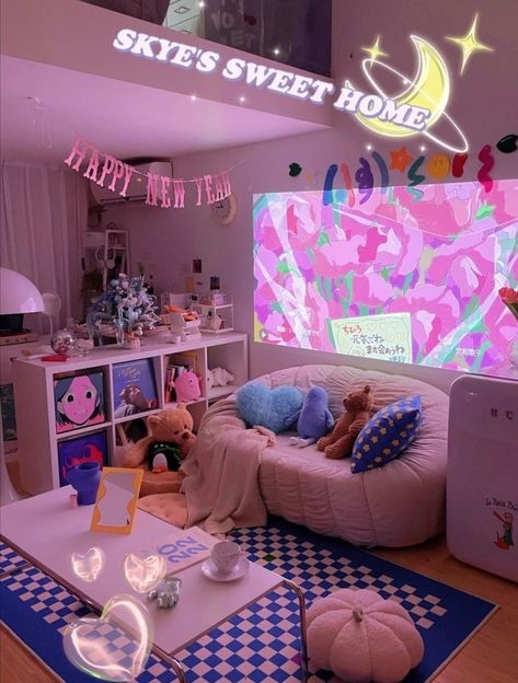 🪐 Organization Ideas For The Home Aesthetic, Anime Themed Bathroom, Kirby Themed Bedroom, Kawaii Room Furniture, Anime Inspired Living Room, Kawaii Girls Room, Room Ideas Aesthetic Kawaii, Kawaii Room Ideas Aesthetic, Anime Dorm Room Ideas