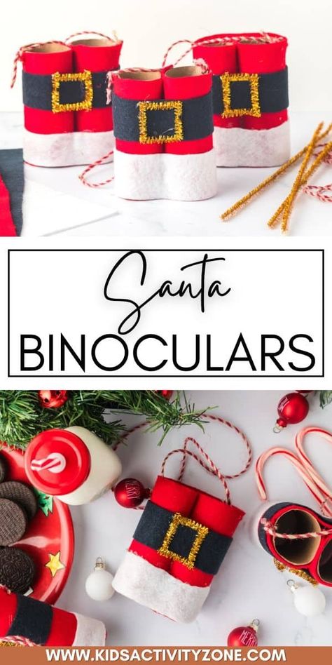 These Santa Binoculars are the perfect craft to get the little ones excited for Christmas.  With these binoculars, you can keep an eye on Santa and his reindeer as they make their way through the night sky. This Christmas craft is easy to assemble with only a few craft supplies needed. Santa Binoculars Toilet Paper Rolls, Christmas Crafts Paper Roll, Paper Bag Manger Scene, Binocular Craft For Kids, Christmas Crafts With Toilet Paper Rolls, Santa Binoculars, Binocular Craft, Santa Craft, Kindergarten Christmas