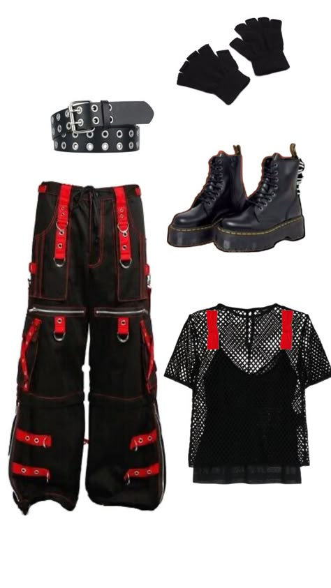 Fishnet shirt, Punk pants (red and black), tank top, red tape, combat boots, and belt Twenty One Pilots Tour, Twenty One Pilots Tattoo, Twenty One Pilots Concert, Twenty One Pilots Aesthetic, Wwe Outfits, Dark Outfits, Concert Fits, Emo Outfits, One Pilots