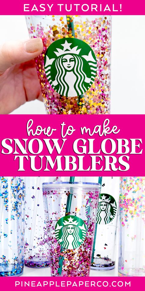 How to Make a DIY Snow Globe Tumbler. Use a Starbucks tumbler to make your own Snow Globe tumbler with floating glitter! Get the step by step tutorial at Pineapple Paper Co. #snowglobetumbler #diytumbler #starbuckstumbler How To Design Tumbler Cups, Snowglobe Tumbler Mixture Diy, Starbucks Cricut Ideas, Snowglobe Tumbler Tutorial, Snow Globe Tumbler Diy, Christmas Snow Globe Tumbler, Snow Globe Tumbler Ideas, Diy Glitter Tumbler, Heirloom Crafts