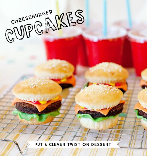 Clever Cheeseburger Cupcakes Recipe // Hostess with the Mostess® Cheese Burger Cupcakes, Cheeseburger Birthday Party, Cheeseburger Party, Burger Dessert, Cheeseburger Cupcakes, Cheeseburger Cake, Burger Cupcakes, Food Truck Party, Hamburger Cupcakes