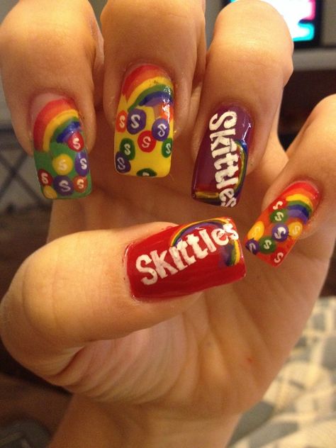 Skittles nails #nailart #nails Skittles Nails, Starbucks Nails, Cream Nail Art, Food Nail Art, Strawberry Nail Art, Watermelon Nail Art, Food Nails, Crazy Nail Art, Watermelon Nails