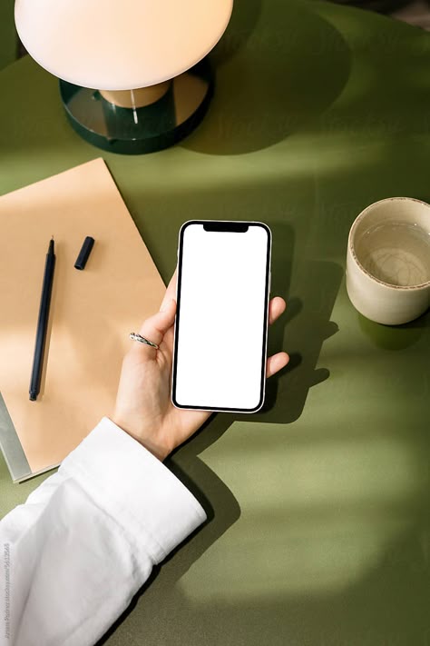 "Woman With Cell Phone With A White Screen At Office. Mockup Phone" by Stocksy Contributor "Artem Podrez" - Stocksy Phone Product Photography, Phone On Table, Phone Lifestyle, App Photos, Photography Phone, Mobile Phone Logo, App Launch, Phone And Laptop, Photography Mockup