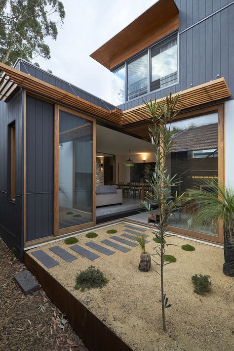 City Exterior, Rustic Outdoor Spaces, Solar Architecture, North Facing House, Australia Landscape, Building Envelope, Window Trim Exterior, Exterior Stairs, House Facade