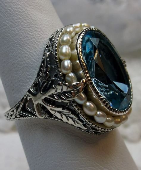 Amethyst Cocktail Ring, Seed Pearl Ring, Aquamarine Gem, Edwardian Jewelry, Silver Leaves, Aquamarine Ring, Pearl Design, Sterling Silver Filigree, Aquamarine Rings