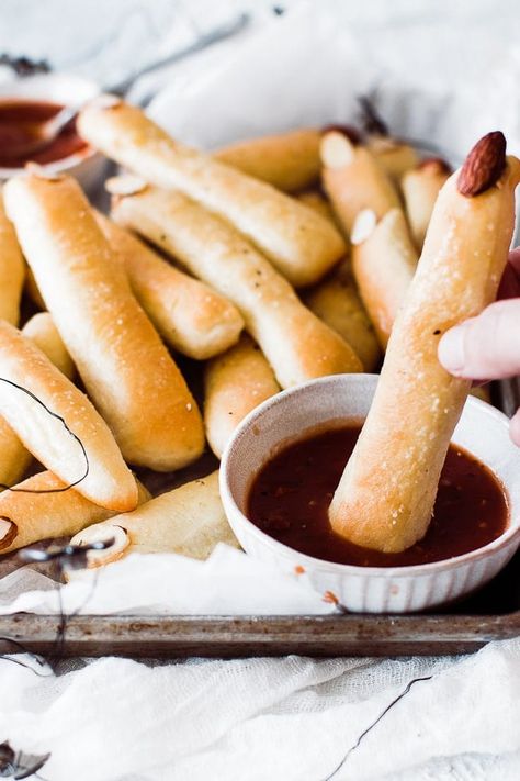 Witch Finger Breadsticks - Oh So Delicioso Witch Finger Breadsticks, Finger Breadsticks, Witches Fingers, Spooky Halloween Treats, Almond Nut, The Good Witch, Halloween Treat, Breadsticks, Cookie Sheet