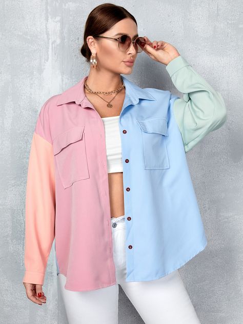 Color Block Shirt Outfit, Spring Color Block Collared Shirt, Casual Color Block Cotton Shirt, Color Block Outfits, Casual Button-up Color Block Tops, Pastel Color Shirts, Spring Color Block Button-up Shirt, Sewn Clothes, Pink Color Block Button-up Top