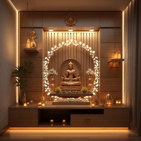 Hindu Prayer Room Ideas, Buddha Interior Design, Mandir Ideas For Home, Buddha Room Design, Pooja Room Interior Design, Mandir Design Puja Room, Pooja Room Ideas, Shrine Room, Alter Design