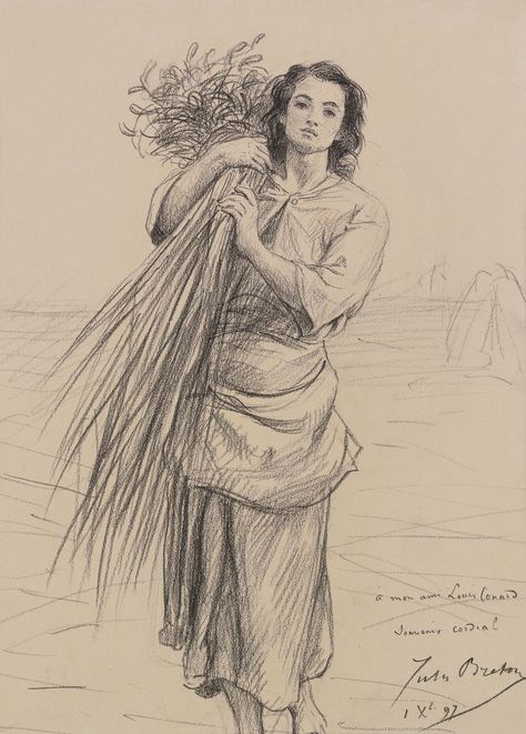 breton jules jeune glaneuse portant | figure | sotheby's n08761lot64jtken Jules Breton, Human Figure Sketches, Figure Sketching, Ink Drawings, Arte Sketchbook, Pencil Art Drawings, European Art, Anatomy Art, Life Drawing