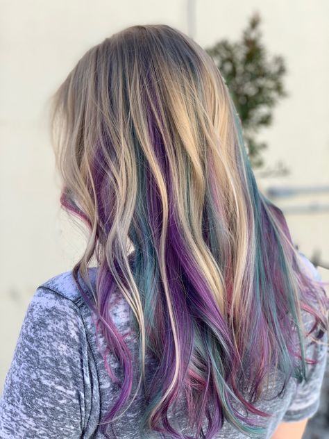 Curly Hair Hidden Color, Purple And Blue Streaks In Blonde Hair, Hair Fun Colors, Purple And Teal Hair Highlights, Purple And Teal Highlights Blonde Hair, Blue Purple Pink Hair Peekaboo Highlights, Purple And Teal Hair Peekaboo, Purple Hair Bottom Half, Purple And Blue Hair Highlights Peekaboo Color