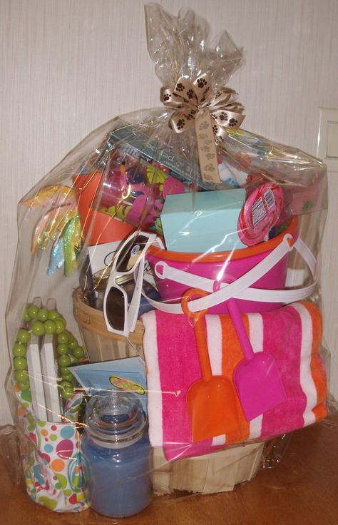 Basket Themes for Raffles | this year our themed raffle basket is beach party bring in anything ... Themed Gift Basket Ideas, Raffle Basket Ideas, Beach Gift Basket, Basket Themes, Summer Gift Baskets, Fundraiser Baskets, Theme Baskets, Silent Auction Baskets, Auction Basket