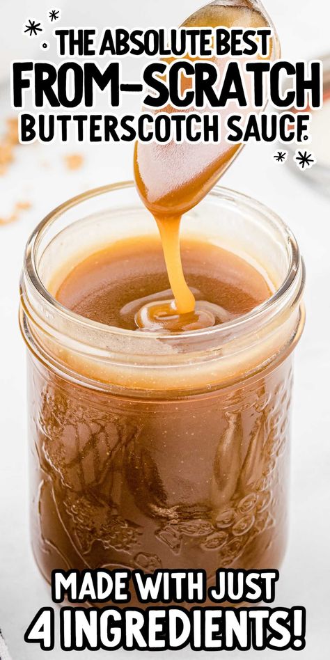 This butterscotch sauce is so creamy and irresistible and only needs four ingredients and a few minutes to make. Butterscotch Sauce Recipe, How To Make Butterscotch, Butterscotch Sauce Recipes, Butterscotch Recipes, Butterscotch Syrup, Chocolate Chip Cookie Cups, Cream Pancakes, Butterscotch Sauce, Homemade Syrup