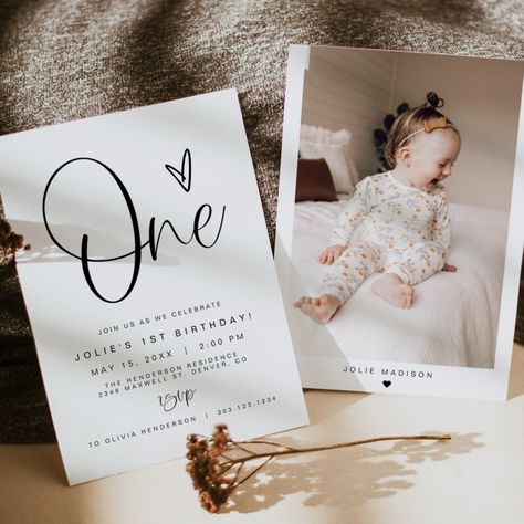 Card Size: 5" x 7", simple, minimalist, bohemian, black & white, photo birthday invitations 1st Birthday Girl Invitations, Minimalist First Birthday, Boho 1st Birthday, Simple First Birthday, 1st Birthday Invitation Template, 1st Birthday Photo, Simple Layout, Minimal Boho, Modern Birthday