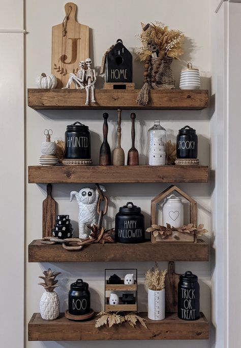 Decorating Kitchen Shelves, Room Ideas Shelves, Halloween Kid Treats, Open Shelf Kitchen, First Apartment Together, Halloween Apartment, Halloween Coffee Bar, Kitchen Rail, Farmhouse Halloween Decor