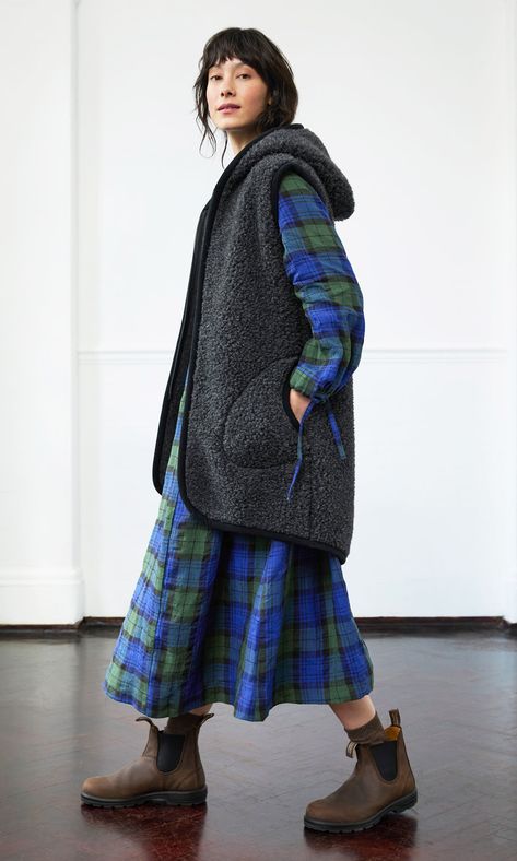 Long Rambler Gilet - Grey Sky - Plümo Ltd Denim Blanket, Long Gilet, Scarf Shirt, Tartan Dress, Sustainable Fashion Brands, London Dresses, Modest Fashion Outfits, Coats And Jackets, Dresses Shoes