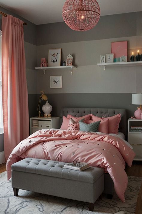 Pink Grey Bedroom, Gray Bed Set, Pink Gray Bedroom, Bedroom For Girls, Pink And Grey Room, Girls Bed, Pink Bedroom For Girls, Kids Interior Design, Big Kids Room