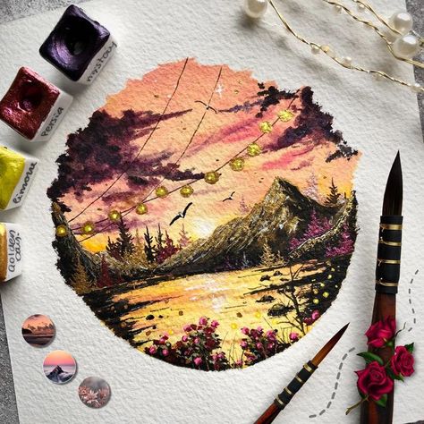 Shimmer Watercolor, Metallic Watercolors, Golden Day, Watercolour Landscape, Golden Days, Arches Paper, Golden Rose, Watercolor Rose, Sunset Sky