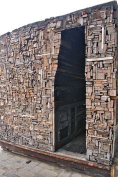 Materials And Structures, Wood Slat Wall, Wood Architecture, Sculptural Object, Stone Path, Building Structure, Garden Landscape Design, Environmental Art, Wall Deco