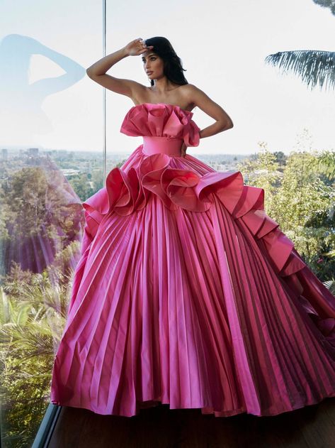 Dramatic Pink Dress, Pink Glam Dress, Grammys Dresses, Nicole Felicia Couture, Pink Satin Prom Dress, Nicole Felicia, Grammys 2022, Dresses Layered, Alt Bride