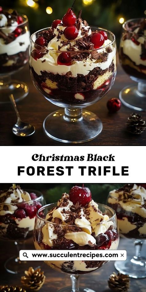 Celebrate the season with a luxurious Black Forest Trifle! Rich chocolate, sweet cherries, and whipped cream come together in this festive dessert that’s sure to be a hit at your Christmas gathering. Cherry Chocolate Trifle, Trifle Decoration Ideas, Black Forest Parfait, Chocolate Peppermint Trifle Recipe, Irish Trifle Dessert, Black Forest Cake Trifle, Black Forest Cherry Trifle, Unique Trifle Recipes, Black Forest Trifle Easy