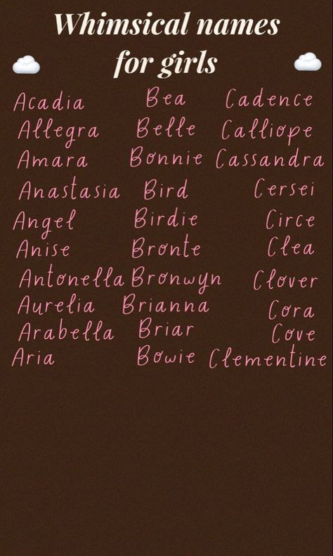 #babynames #baby #names #babygirlnames #girl #babynamesuggestions #whimsical Rp Names Ideas, Highest Timeline, Whimsical Names, Scene Writing Prompts, Random Names, Child Names, Mystical Names, Fairy Names, Female Character Names