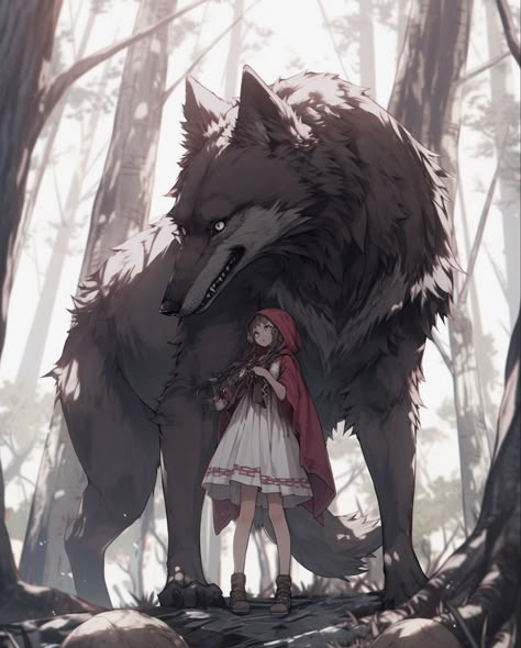 A Friend Is Someone Who, Red Riding Hood Wolf, Red Riding Hood Art, Anime Wolf, Mythical Creatures Art, Animal Companions, 판타지 아트, Little Red Riding Hood, Cute Anime Pics