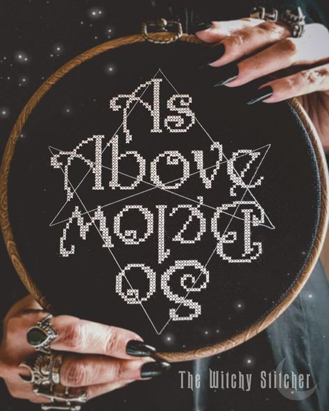 As Above So Below ~ Cross Stitch Pattern  "As above, so below, as within, so without, as the universe, so the soul" - Hermes Trismegistus Stitch Witches Unite!  Stitch the symbol in the background as bold or as subtle as you like. KIT available on website! https://www.thewitchystitcher.com/product-page/kit-as-above-so-below Finished stitch area on 14 ct Aida is 6 inches wide by 7 inches high. ★This listing is for the pattern only. No physical item will be sent. It is an instant download PDF. ★Th Pagan Cross Stitch, Witch Pattern, Subversive Cross Stitch Patterns, Witch Cross Stitch, Stitch Witchery, As Above So Below, Subversive Cross Stitch, Gothic Crosses, Cross Stitch Finishing