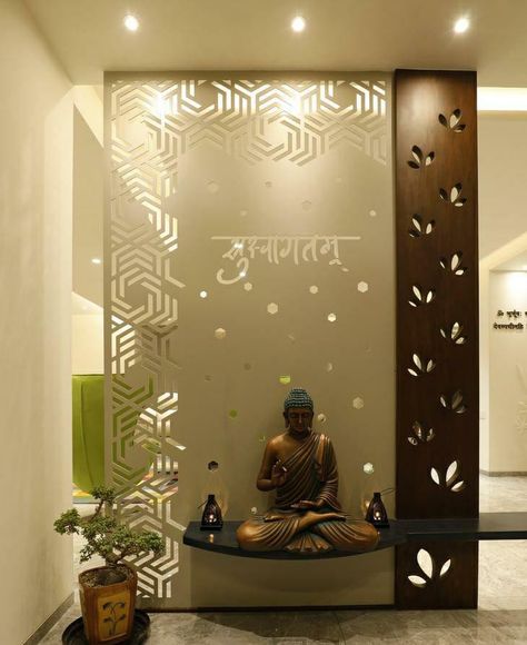 Partition Design Budha, Cnc Partion Design For Hall, Buddha Temple Design For Home, Buddha Mandir At Home, Cnc Partition Design In Living Room, Luxury Wall Painting, Luxury Wall Design, Modular Home Interior, Wall Paneling Design