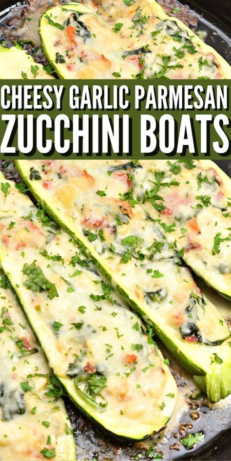 Cheesy Garlic Parmesan Zucchini Boats - These keto parmesan zucchini boats are a fun way to eat your vegetables! These zucchini boats are a cheesy and healthy side dish. Add some chicken and make them a complete meal. #keto #ketorecipes #ketodiet #ketozucchiniboats #zucchiniboats #garlicparmesanzucchini #zucchinirecipes #zucchini #vegetarianrecipes #food #recipes Veggie Zucchini Boats, Garlic Parmesan Zucchini, Zucchini Dinner Recipes, Spinach Parmesan, Zucchini Side Dishes, Eat Your Vegetables, Easy Zucchini Recipes, Garlic Spinach, Healthy Side Dish