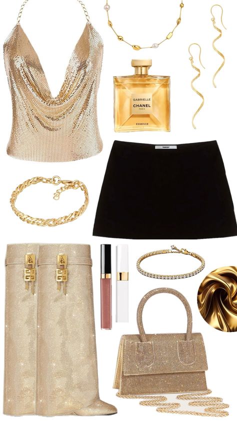 Gold Party Outfit Inspo💋✨️ Gold Glitter Top Outfit, Gold Chain Top Outfit, 21st B Day Outfit, Gold And Black Party Outfit, New Years Outfits Sparkly, Going To A Birthday Party Outfit, New Years Fit Ideas, Black And Gold New Years Outfit, Fancy New Years Eve Party Outfit