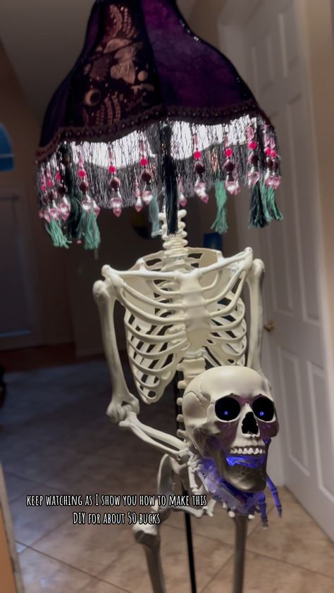 Sherry Zastrow | It’s September which means it’s time for spooky DIY! This whole project costs about $50 to make and 10 hours of time. What you’ll need: An… | Instagram Skeleton Lamp, Gothic Lamp, Skeleton Fairy, Skull Lamp, Spooky Diy, Diy Floor Lamp, Diy Skulls, Old Lamp Shades, Tall Lamp