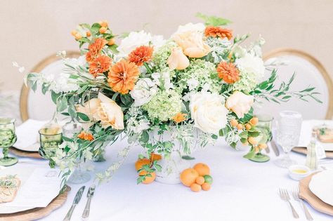 Citrus Themed Wedding, Orange Wedding Color Palette, Bridal Table Flowers, Orange Blossom Wedding, Tangerine Wedding, Lemon Themed Bridal Shower, Orange Wedding Themes, Campground Wedding, Orange Wedding Colors