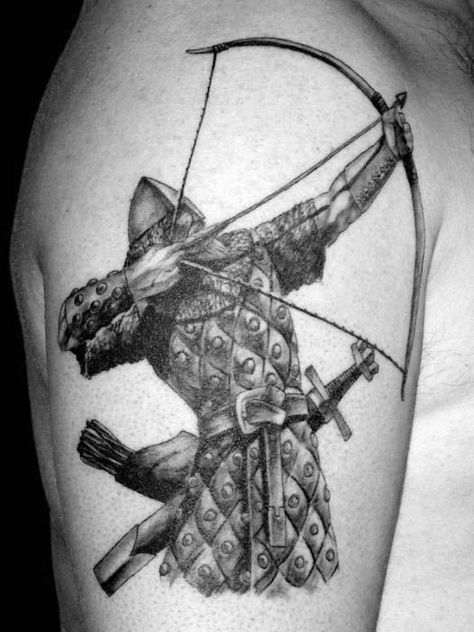 Archer Warrior Firing Bow Archery Mens Upper Arm Tattoos Spine Quotes, Back Tattoo Women Upper, Bow Arrow Tattoos, Upper Arm Tattoos For Guys, Archery Tattoo, Tattoos Beach, Mens Arrow Tattoo, Archer Tattoo, Traditional Viking Tattoos