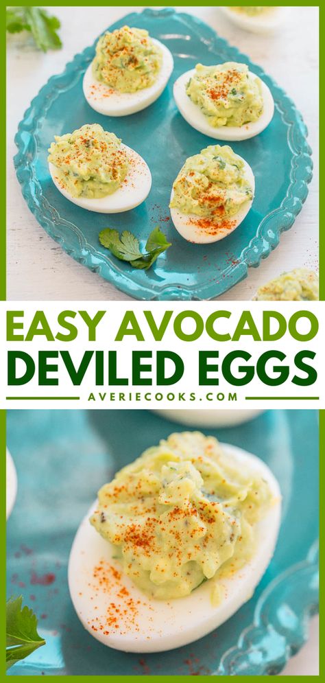 Healthier Avocado Deviled Eggs Recipe - Averie Cooks Healthy Deviled Eggs Recipe, Avocado Deviled Eggs Recipe, Avocado Egg Recipes, Easter Appetizer, Healthy Deviled Eggs, Guacamole Deviled Eggs, Deviled Egg Recipe, Easter Deviled Eggs, Deviled Eggs Recipe Easy