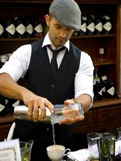 5 - most professional.  Put together but still cool with loose tie, cap and European flair Bartender Uniform, Bar Uniform, Bartender Outfit, Cafe Uniform, Brunch Outfit Winter, Waiter Uniform, Irish Bar, Italian Bar, Red And White Weddings