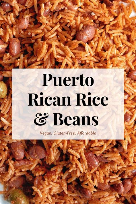 Puerto Rican yellow rice and beans with homemade sofrito, kidney beans, sazon, adobo, and tomato sauce. Made with affordable ingredients and makes as a perfect side dish. #latinfood #cooking #recipe #glutenfree #vegan #vegetarian #boricua #yellowrice #sidedish #pantry #pantryrecipes Rice With Beans Puerto Rican, Recipes With Sofrito Dishes, Puerto Rican Recipes Authentic Chicken And Rice, Spanish Rice With Sazon Goya, Puerto Rican Kidney Beans, Beans And Rice Puerto Rican, Spanish Rice And Beans Puerto Rico, Goya Beans Recipes, Red Beans And Rice Recipe Puerto Rican