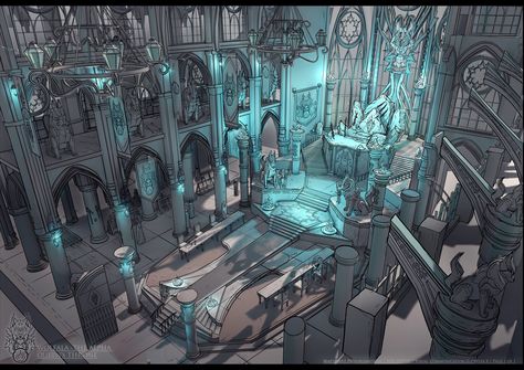 Interior Concept Art, Feng Zhu, Gothic Church, Rpg Map, Throne Room, Location Inspiration, Arte Cyberpunk, Fantasy Castle, Interior Concept