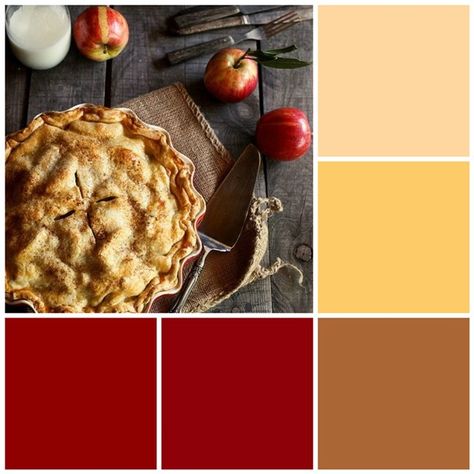 Apple pie color scheme for Fall. My kitchen..wood floor, yellow walls, red and cream accents. Warm and yummy. Fall Red Color Palette, Pie Color Palette, Apple Pie Color Palette, Autum Pallette Colors, Harvest Colour Palette, Thanksgiving Color Palette Hex Codes, Collor Pallete Autumn, Kitchen Wall Colors, Kitchen Paint Colors