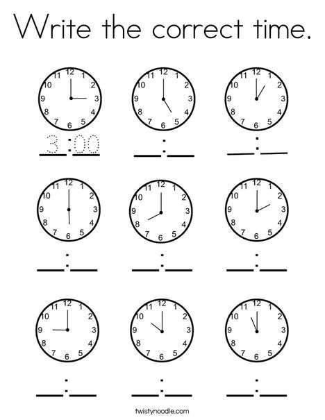 Write the correct time Coloring Page - Twisty Noodle Time Worksheets Kindergarten, Telling Time Worksheets Kindergarten, Kindergarten Clock Worksheets, Worksheet For Clock, First Grade Clock Worksheets, Clock Worksheets, Telling Time Worksheets, Math Practice Worksheets, First Grade Math Worksheets