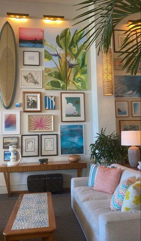 Hawaii Aesthetic House Interior, Coastal Jungle Decor, Caribbean Coastal Decor, Hawaii Bathroom Decor, Caribbean Inspired Decor, Funky Coastal Decor, Hawaii Gallery Wall, Surf Gallery Wall, Beach Eclectic Decor