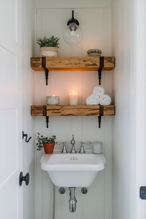 Follow the link for more half bathroom with floating shelves ideas. 🪑 Add functional and stylish floating shelves for storage or display, which also help open up the space in smaller bathrooms. Use them to hold towels, small plants, and decorative items. 🌿 Bathroom With Floating Shelves, Farmhouse Half Bathroom, Quirky Wallpaper, Small Half Bathroom, Half Bathroom Ideas, Floating Shelves Ideas, Honey Oak Cabinets, Shelves For Storage, Navy Blue Walls