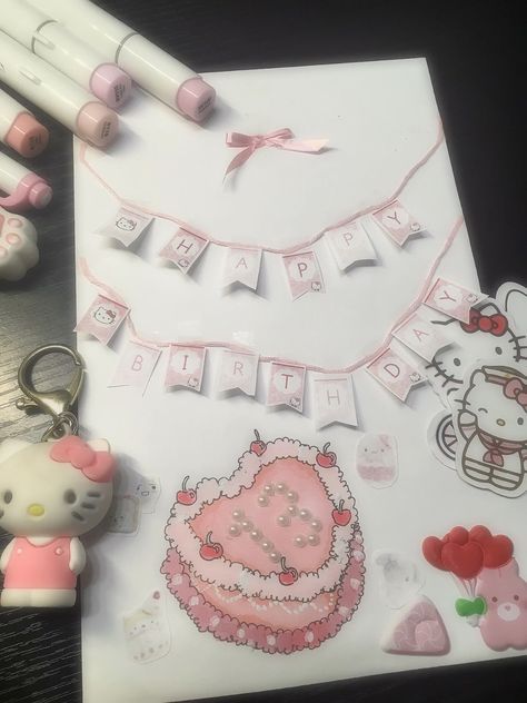 Birthday Gift Idea Aesthetic, Hello Kitty Bday Cards, Hello Kitty Drawing Happy Birthday, Cute Hello Kitty Birthday Cards, Things To Draw For A Birthday, Sanrio Happy Birthday Card, Hello Kitty Mothers Day Card, Birthday Gift Ideas Aesthetic Diy, Diy Gifts Hello Kitty