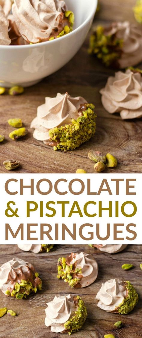 If you are looking for a real show-stopper dessert then these Chocolate & Pistachio Meringue Cookies are just what you are looking for. These melt in your mouth meringues are dipped in chocolate and sprinkled with pistachio bits. Christmas Pistachio Dessert, Pistachio Meringue, Cookies Meringue, Blueberry Shortbread, Meringue Recipes, Salted Caramel Pretzels, Pistachio Dessert, Chocolate Chip Shortbread Cookies, Salted Caramel Mocha